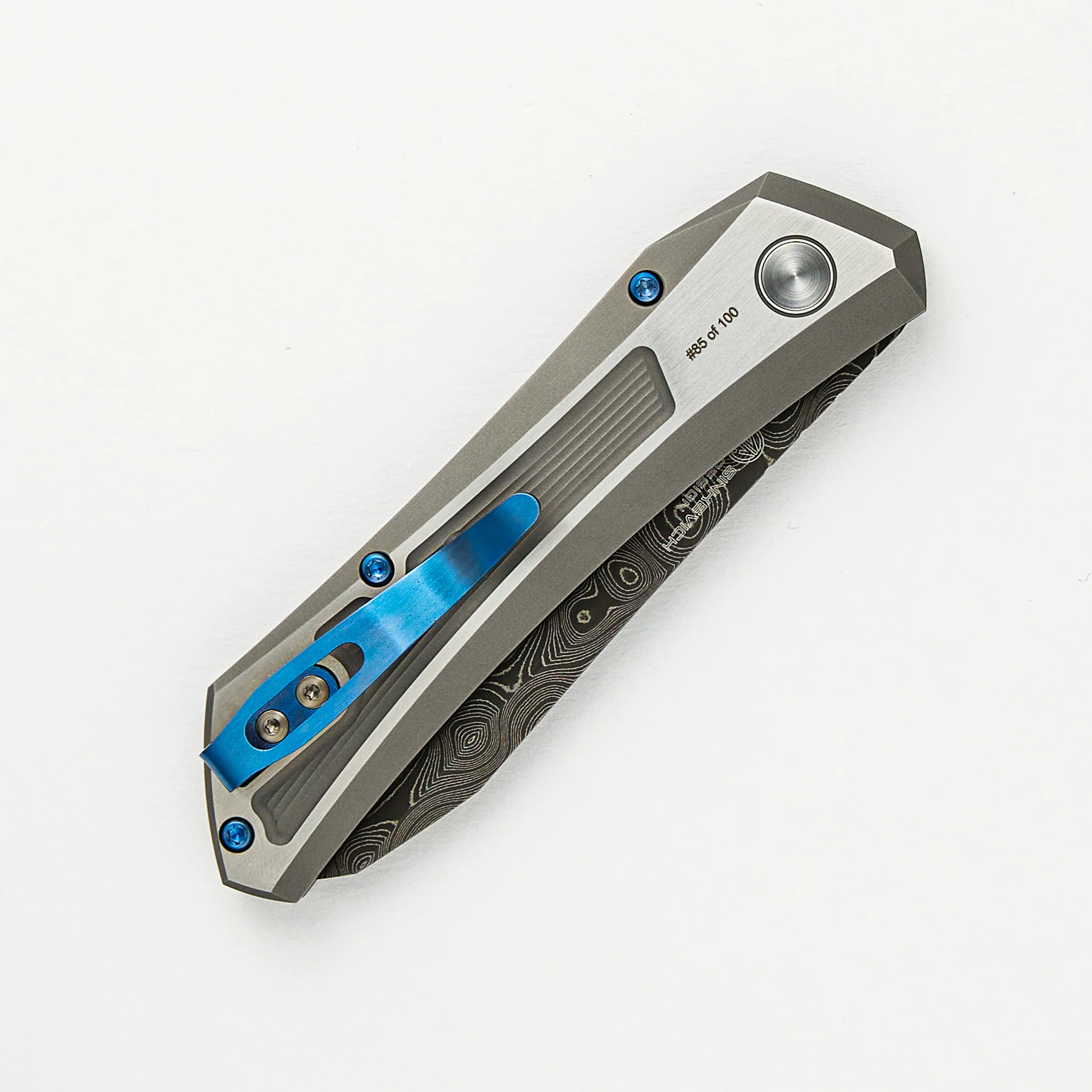 2024 Oligarch Custom 003 - Dmitry Sinkevich Design, 17-4 Stainless Steel Handle W/ Texture, Chad Nichols Virus Blade, Black Lip Pearl Button - Image 4
