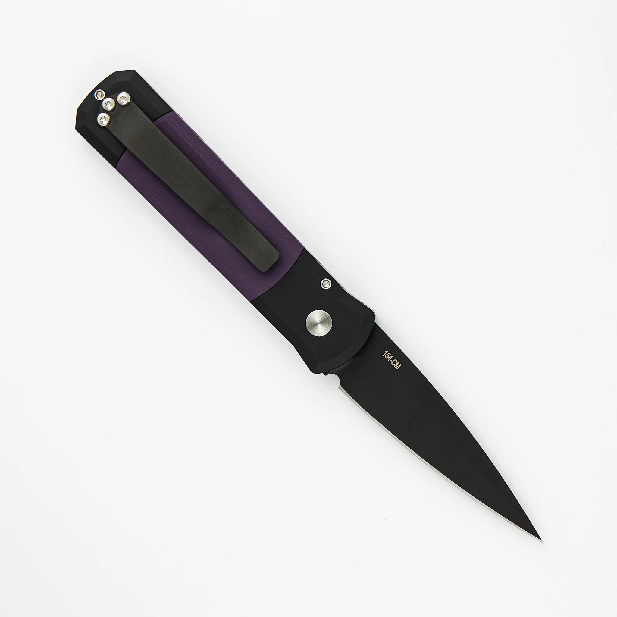 Godson – Black Handle / Purple G10 Inlays – Black DLC 154CM Blade Abalone button 715-PURPLE - Image 2