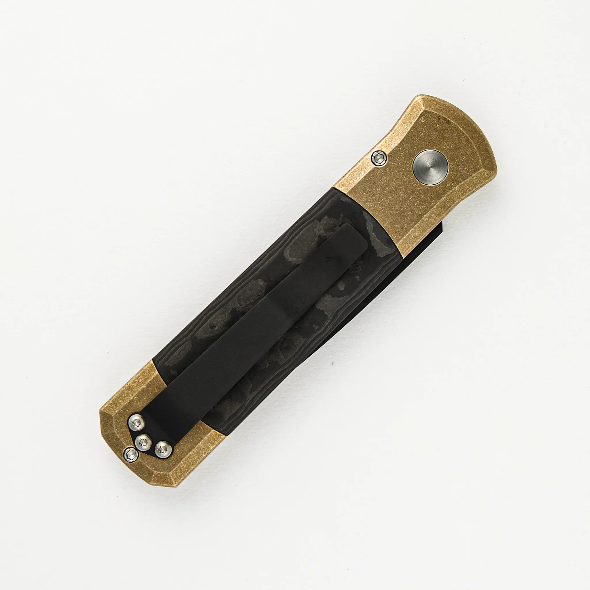 Godson Ltd. - AL Bronze Handle W/ Fat Carbon "Camo" Inlays, Black Pearl Button, DLC Blade 7115-CAMO - Image 4