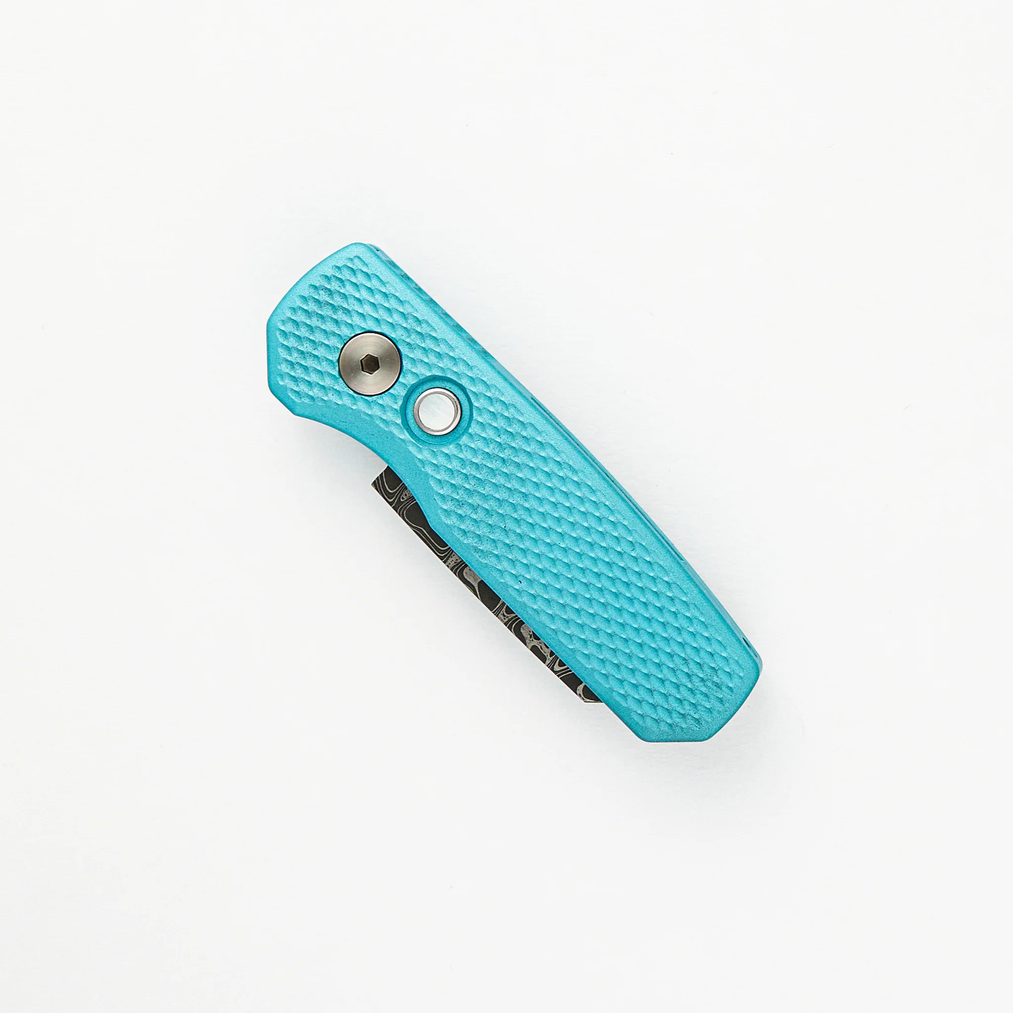 Runt 5 - Blade Show ATL 2024 - T.Blue Textured Handle, Chad Nichols Intrepid Reverse Tanto Blade, MOP Button - Image 3