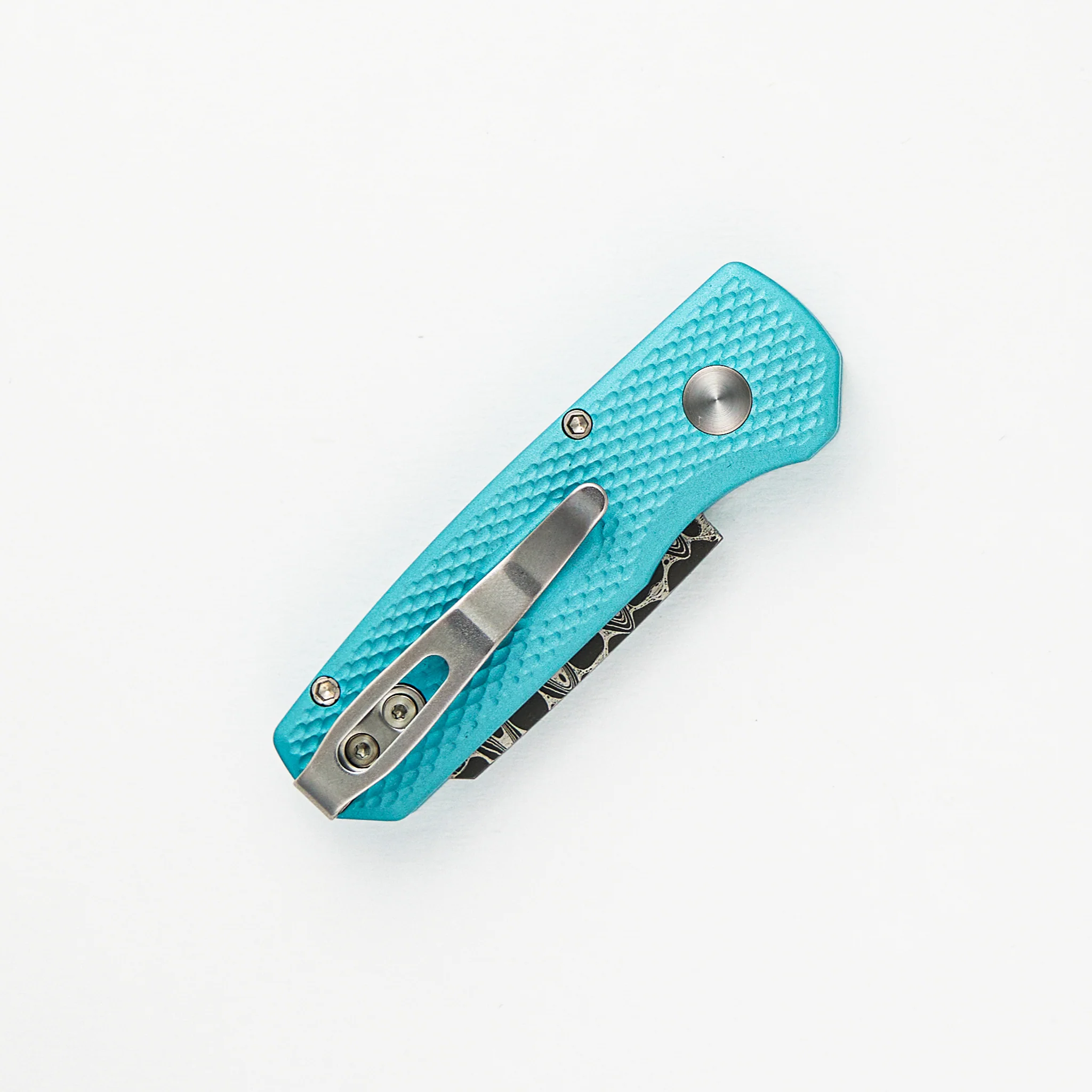 Runt 5 - Blade Show ATL 2024 - T.Blue Textured Handle, Chad Nichols Intrepid Reverse Tanto Blade, MOP Button - Image 4