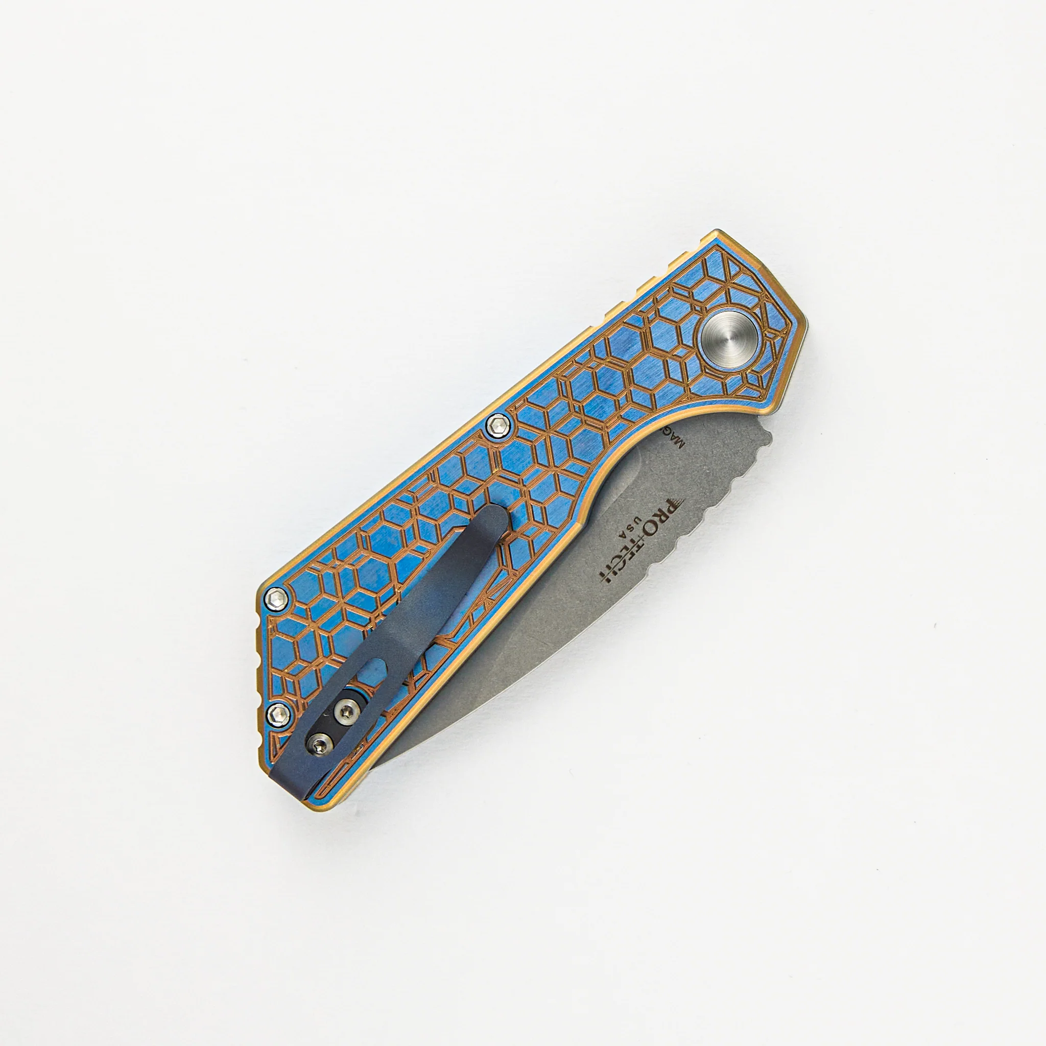 Strider PT+ Auto Custom 007 - Titanium Blue/Gold "Gridlock" Handle, Stonewash MagnaCut Blade, Abalone Button - Image 4