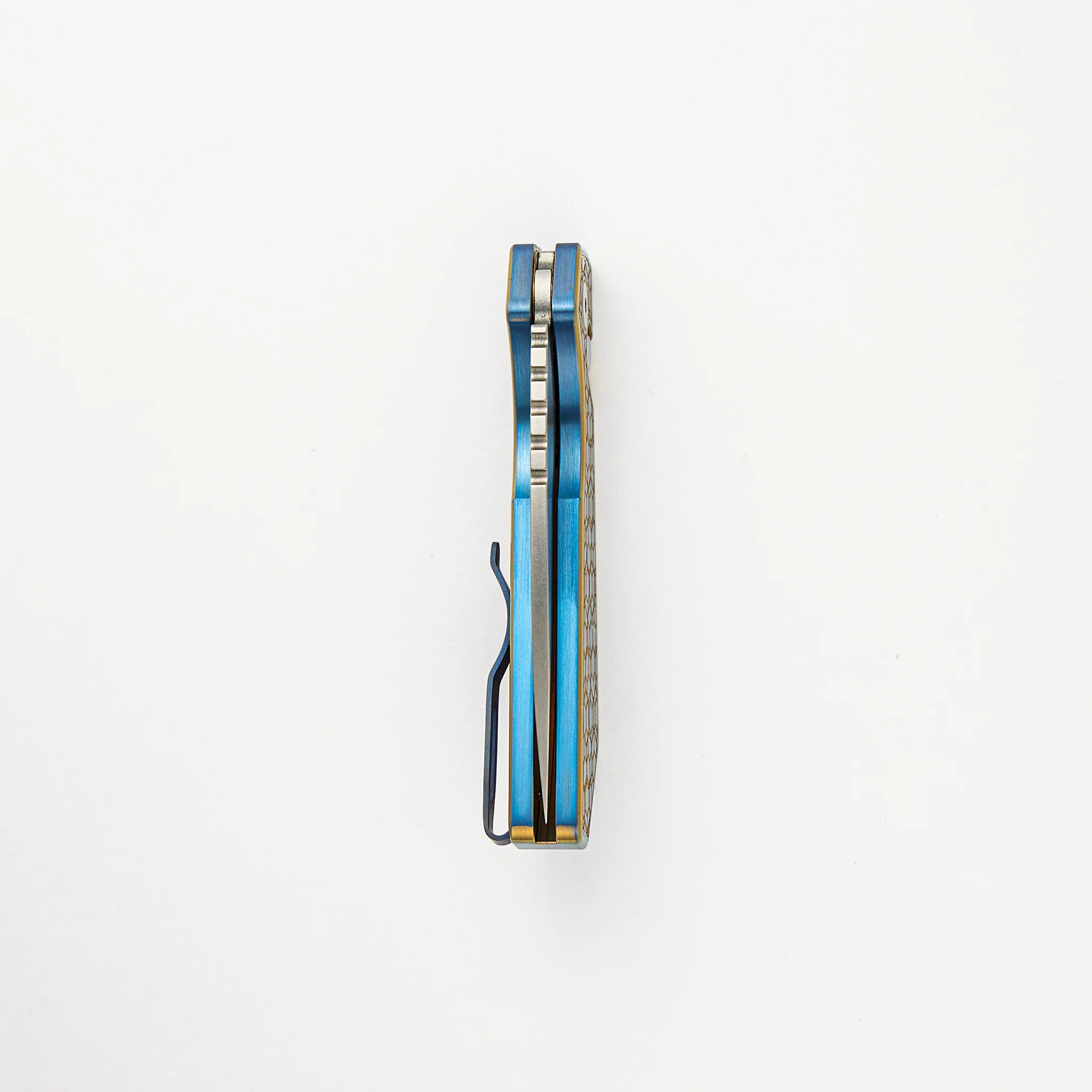 Strider PT+ Auto Custom 007 - Titanium Blue/Gold "Gridlock" Handle, Stonewash MagnaCut Blade, Abalone Button - Image 5