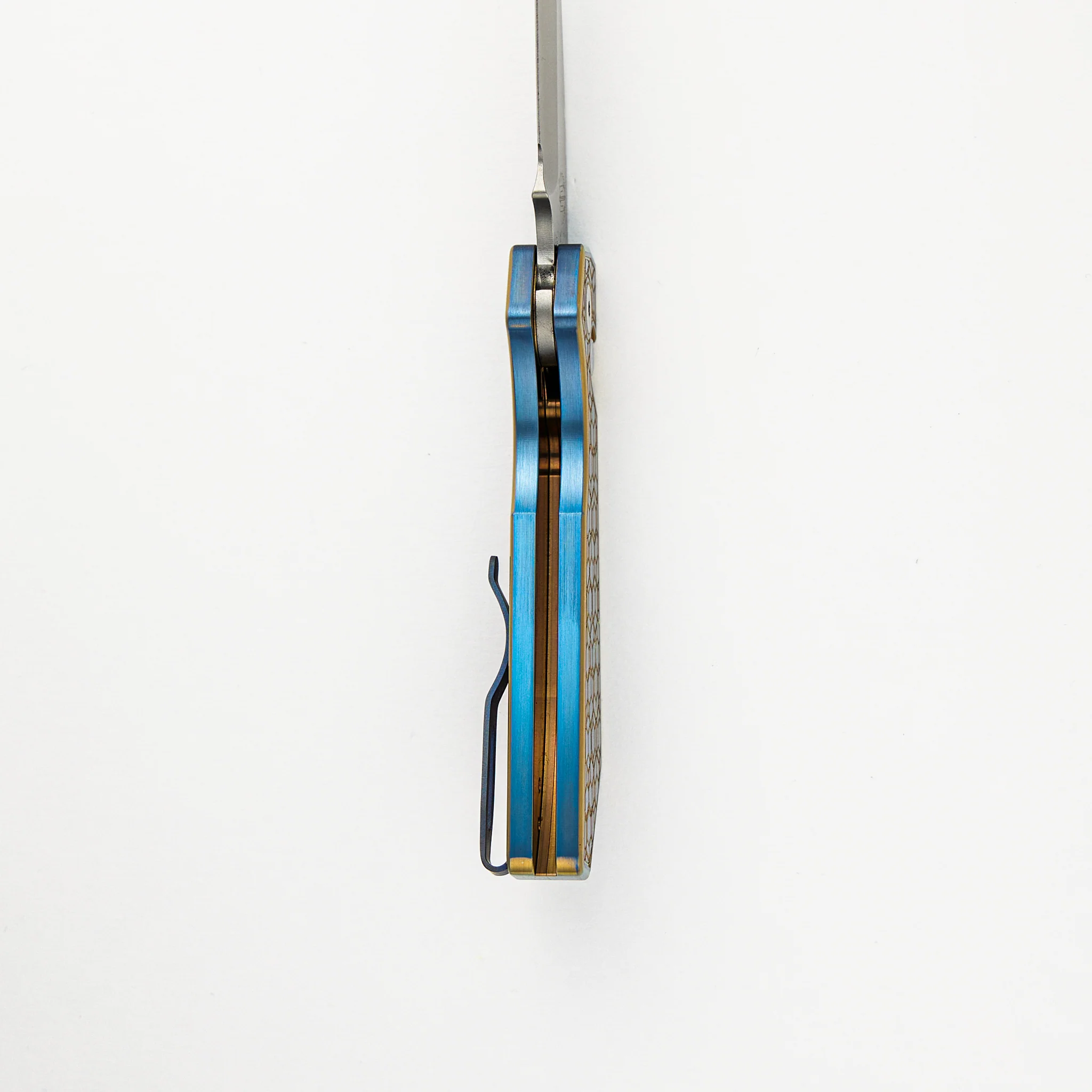 Strider PT+ Auto Custom 007 - Titanium Blue/Gold "Gridlock" Handle, Stonewash MagnaCut Blade, Abalone Button - Image 6