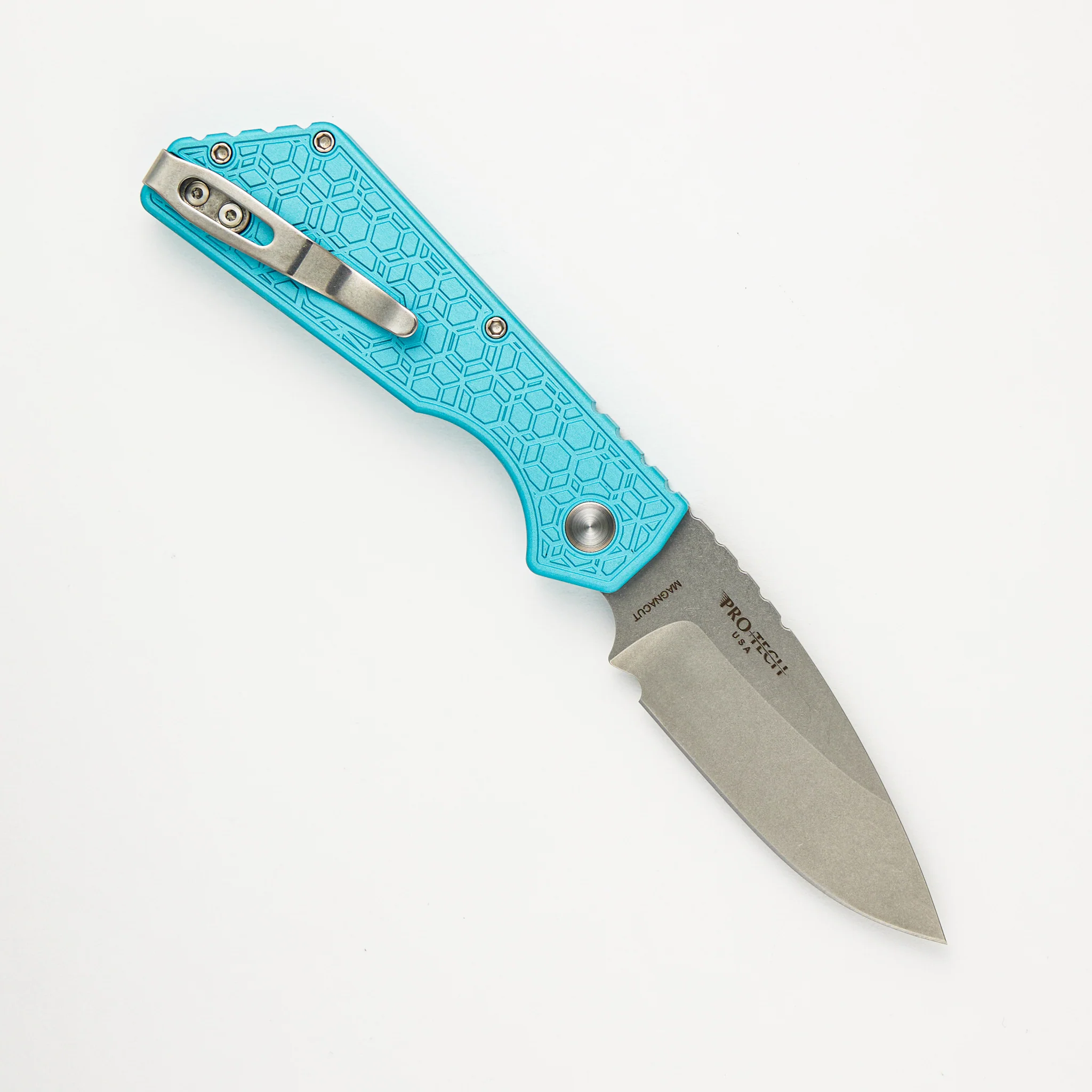 Strider PT Auto – T. Blue Gridlock Textured Handle - Pearl Button - MagnaCut Blade - PT205-Gridlock LTD. - Image 2