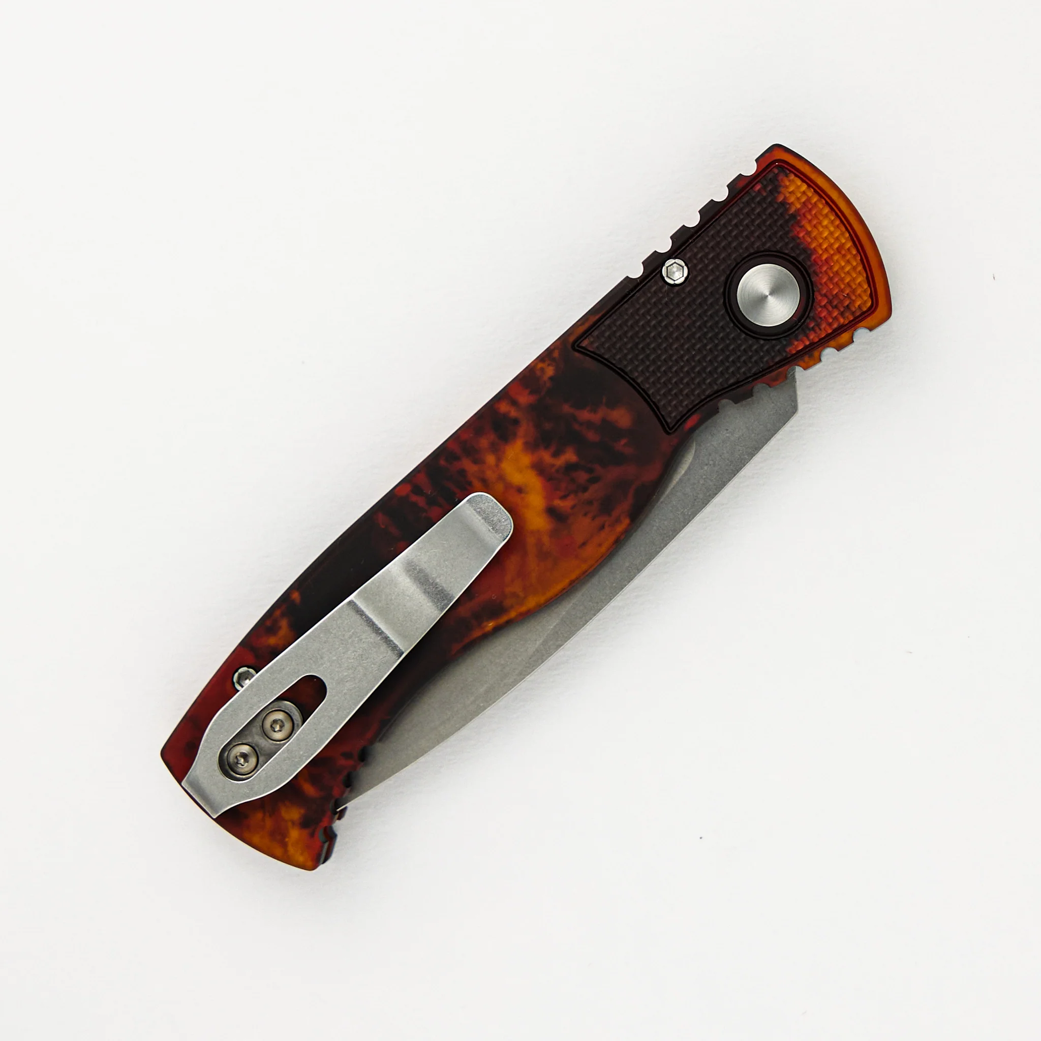 Tactical Response 2 - "Del Fuego" anodized Handle with Textured Corners - Black Lip Pearl Push Button - Stonewash MagnaCut Blade T201-DF - Image 4