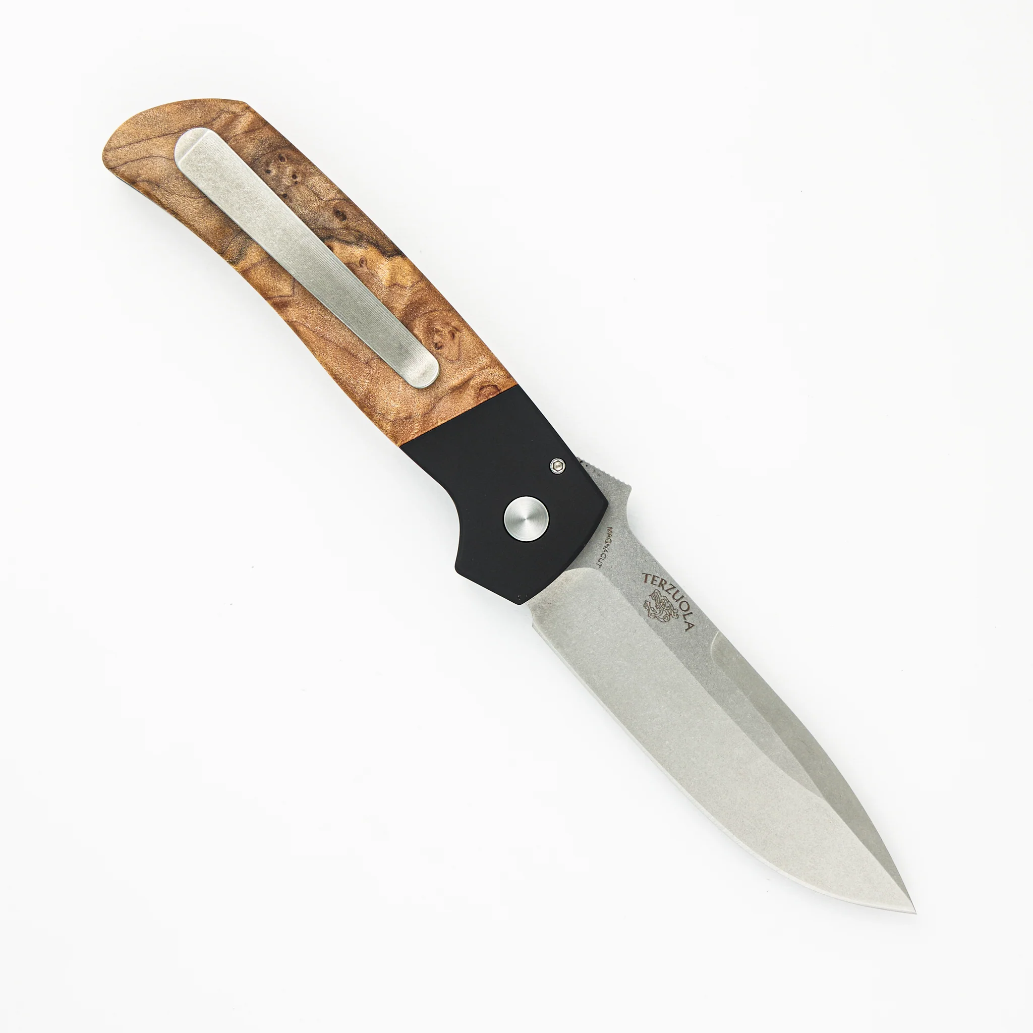 Terzuola ATCF Auto – Black Handle W- Maple Burl Inlays – Mosaic Push Button – Stonewash Magnacut Blade – Ti Clip – BT2706 - Image 2