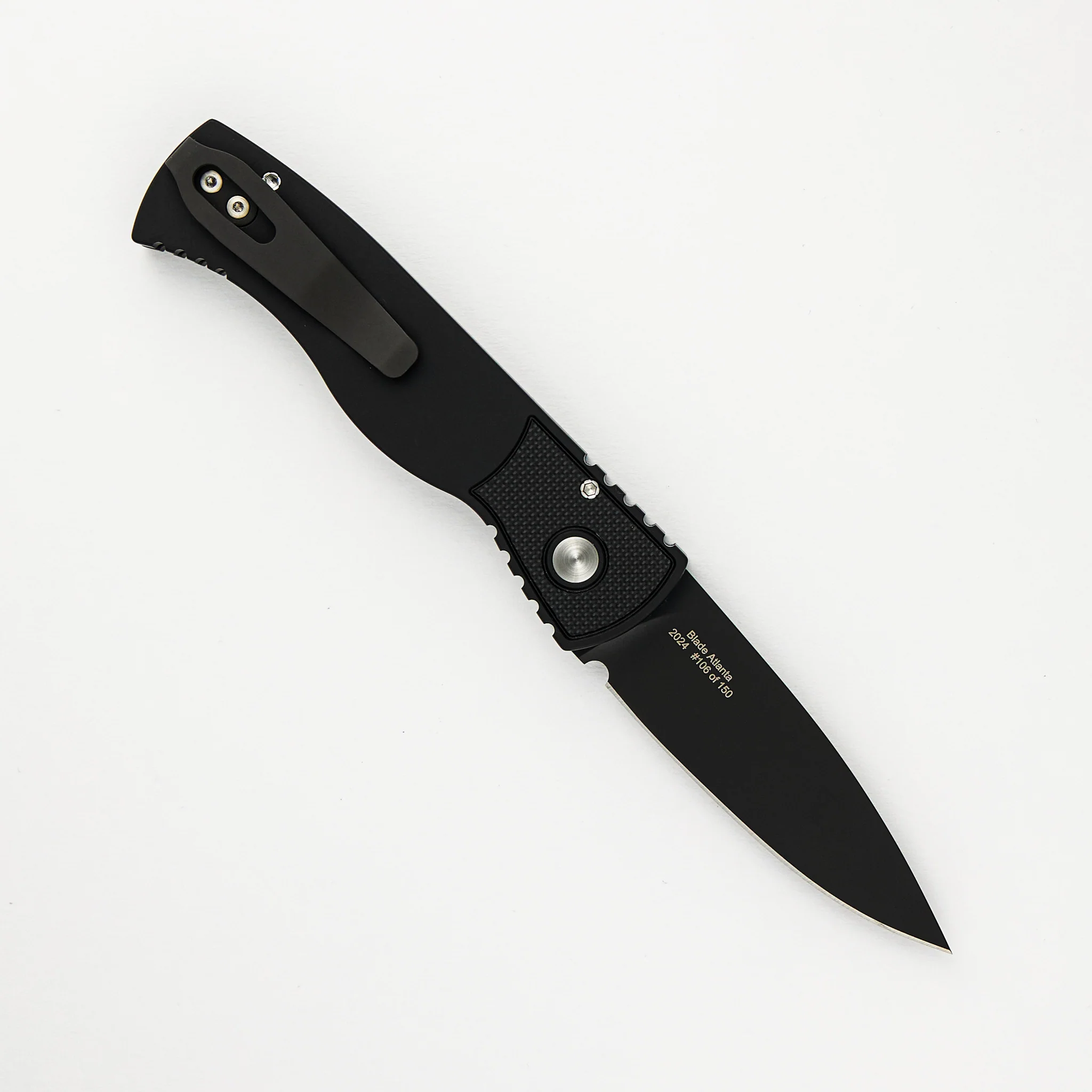 TR-2 Skull Blade Show 2024 - Black Handle, Shaw Sterling Silver Skull, MOP Button, Black MagnaCut Blade - Image 2