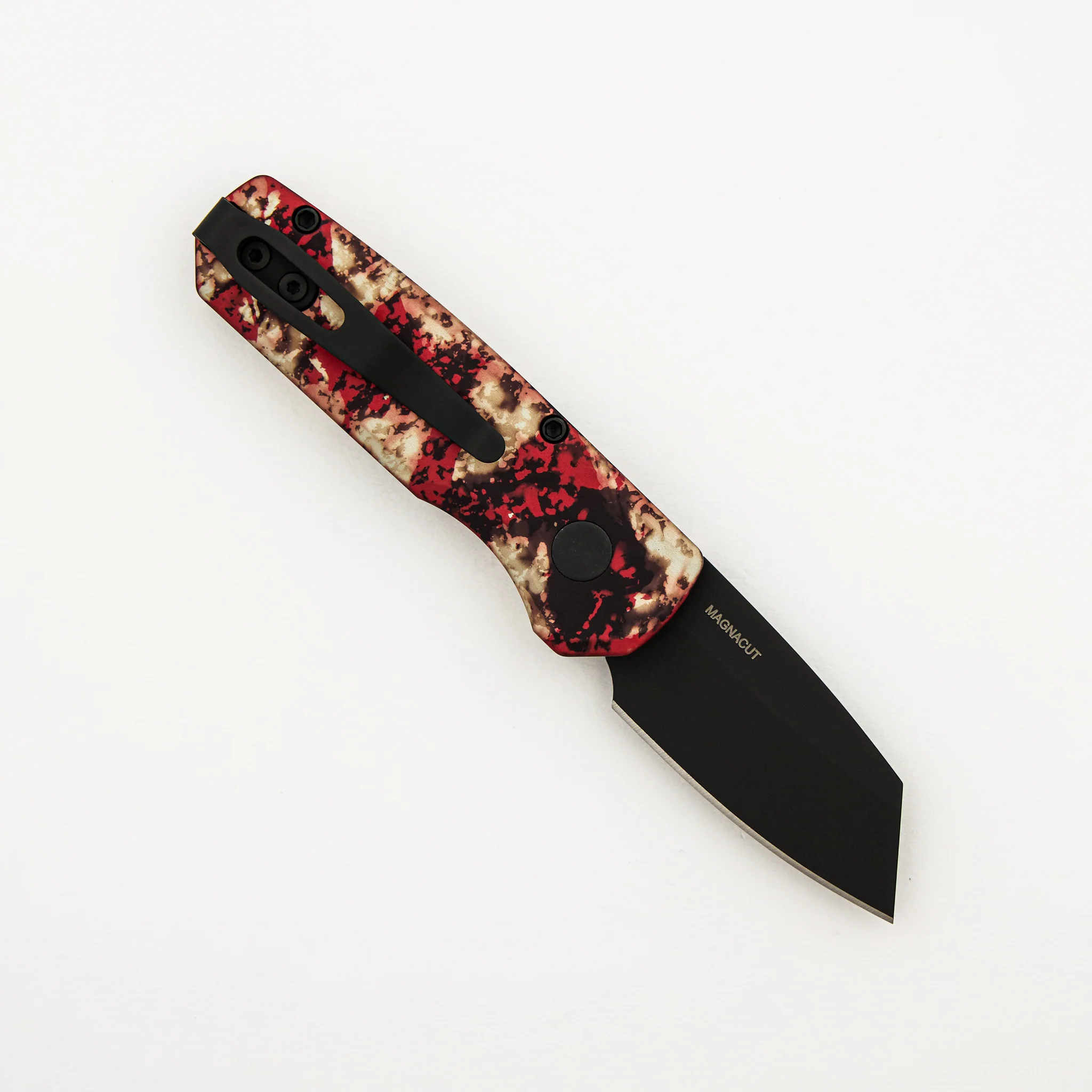 Runt 5 – R5403-CTC - "Crimson Tiger Camo" Anodized Handle - DLC Black MagnaCut Reverse Tanto Blade - Black Lip Pearl Button - Image 2