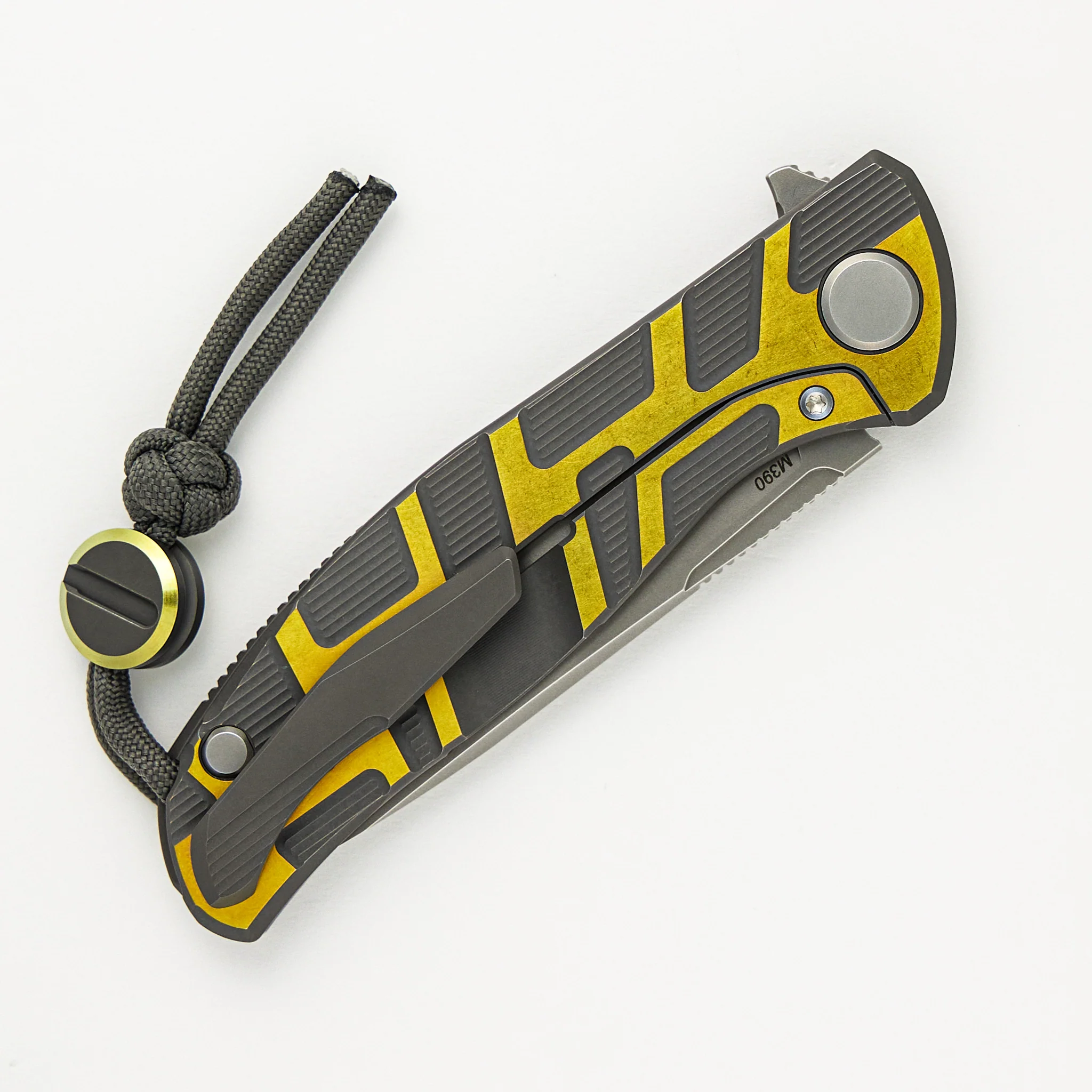 F95 T Pattern Gen 4 – Blade Show Edition – Grey-Yellow Ano Titanium Handle – M390 Blade – MRBS - Image 4