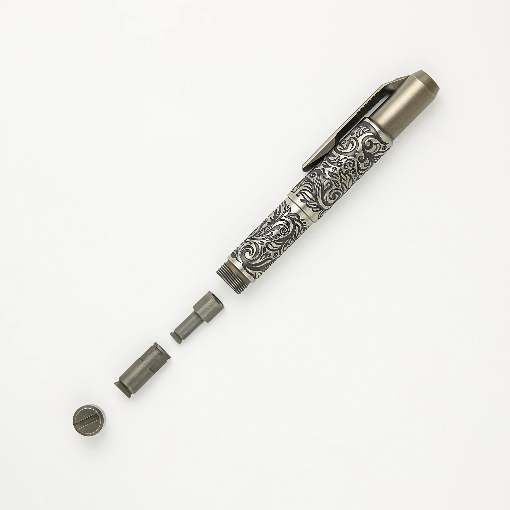 Shirogorov Knives / Ti2 Design Titanium Tool Pen - "Scroll" Engraved - Completed - Image 6