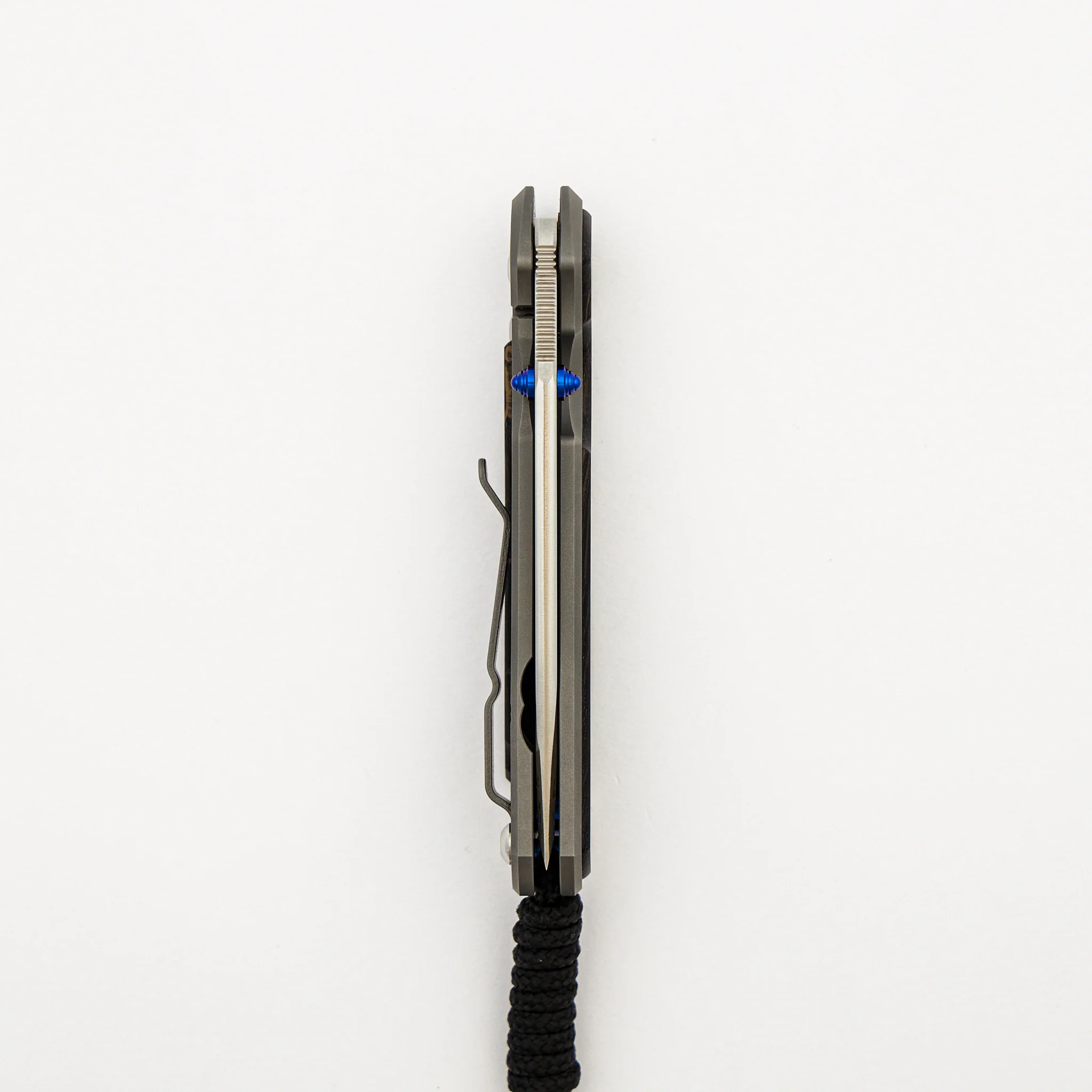 Small Sebenza 31 - Bog Oak Inlay - Tanto CPM MagnaCut Blade - Blue Double Thumb Lugs - Image 12