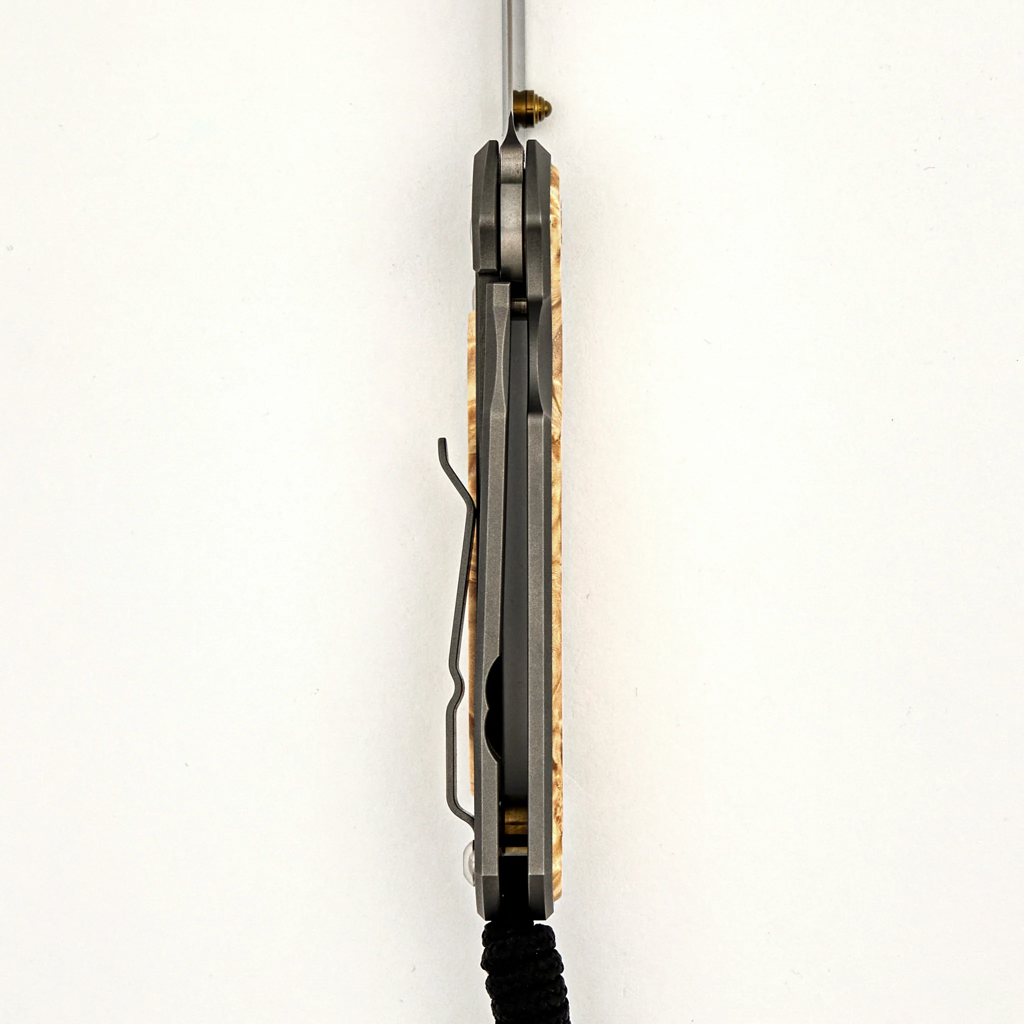 Small Sebenza 31 - Box Elder Inlay - Drop Point Polished CPM MagnaCut Blade - Gold Single Thumb Lug - Image 13