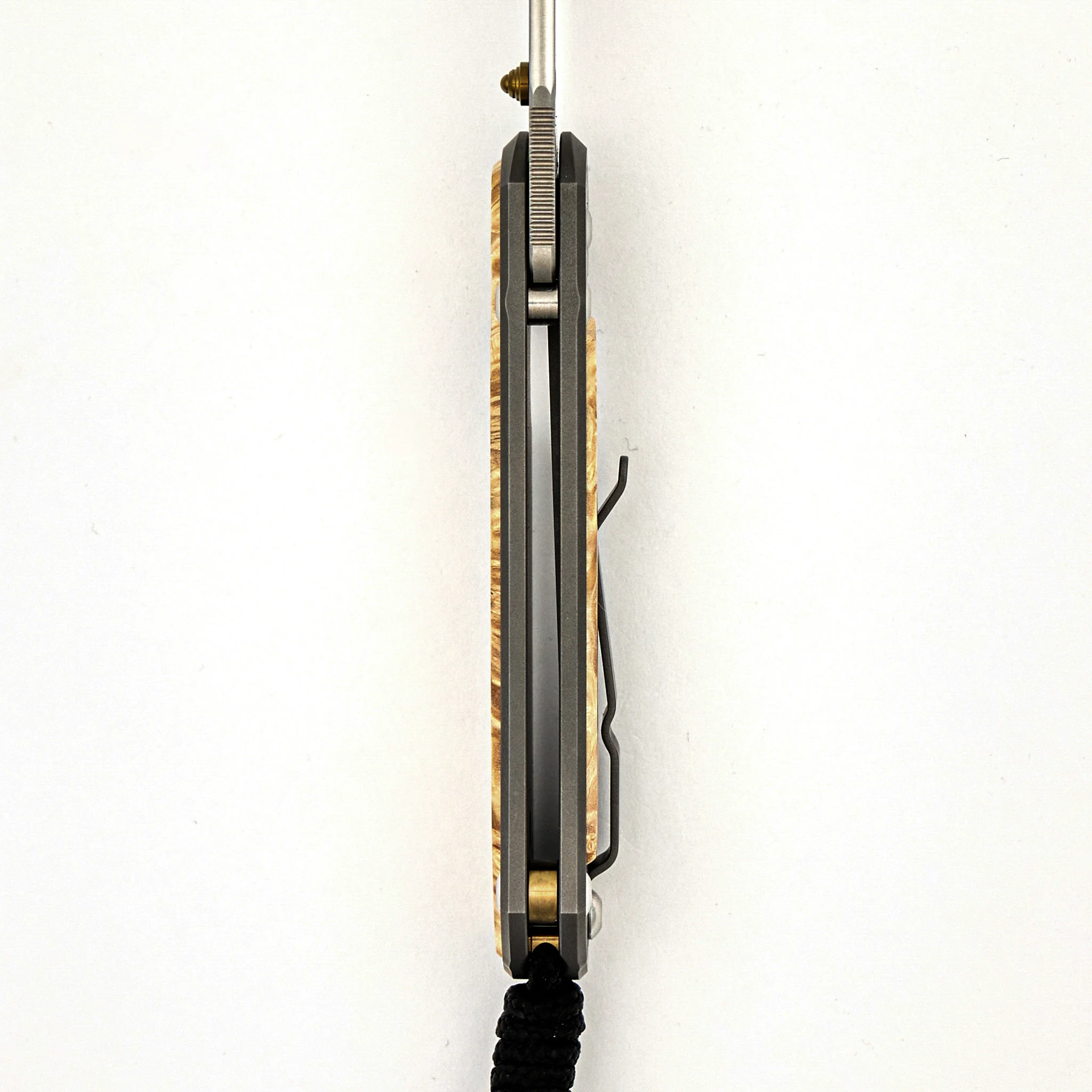 Small Sebenza 31 - Box Elder Inlay - Drop Point Polished CPM MagnaCut Blade - Gold Single Thumb Lug - Image 14
