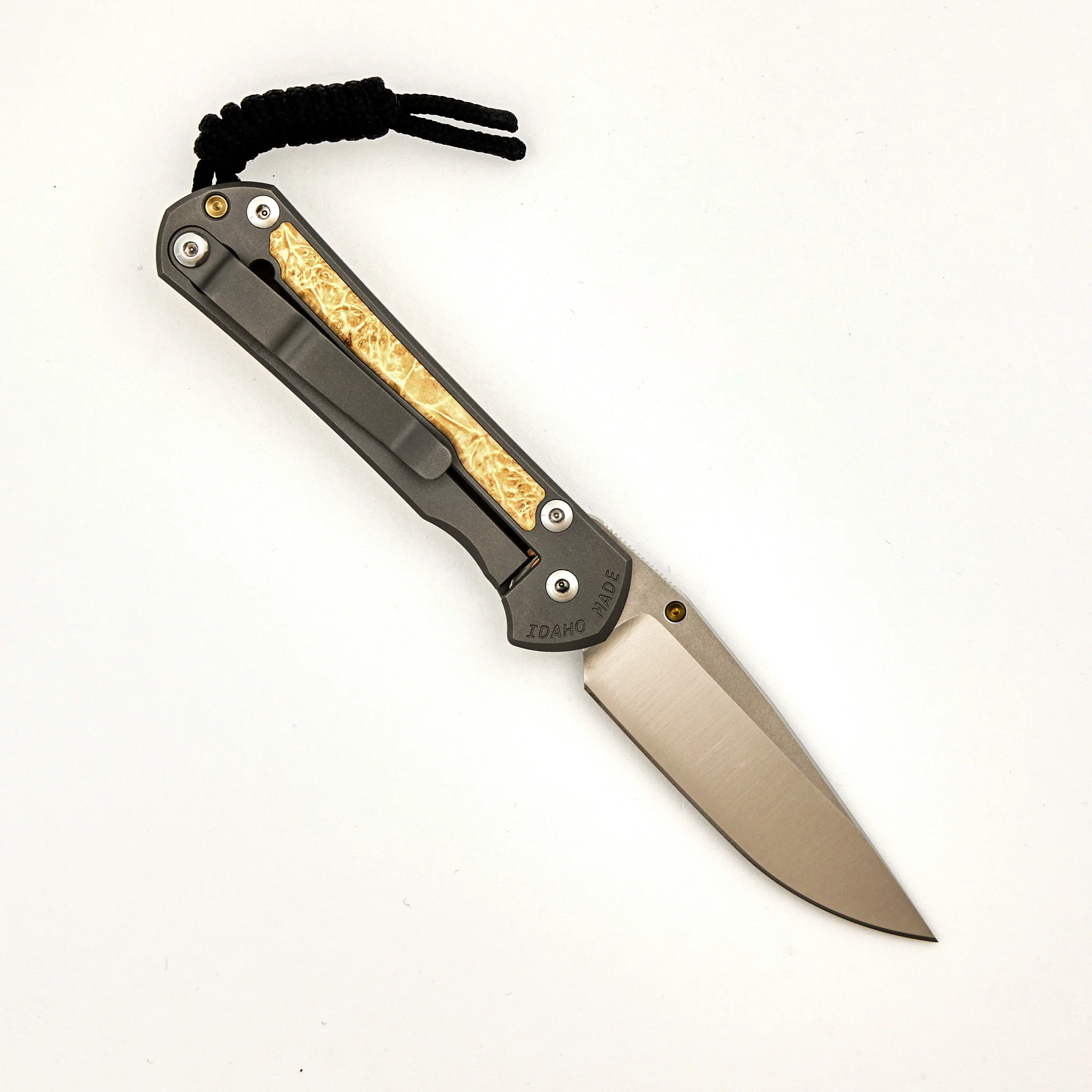 Small Sebenza 31 - Box Elder Inlay - Drop Point Polished CPM MagnaCut Blade - Gold Single Thumb Lug - Image 2
