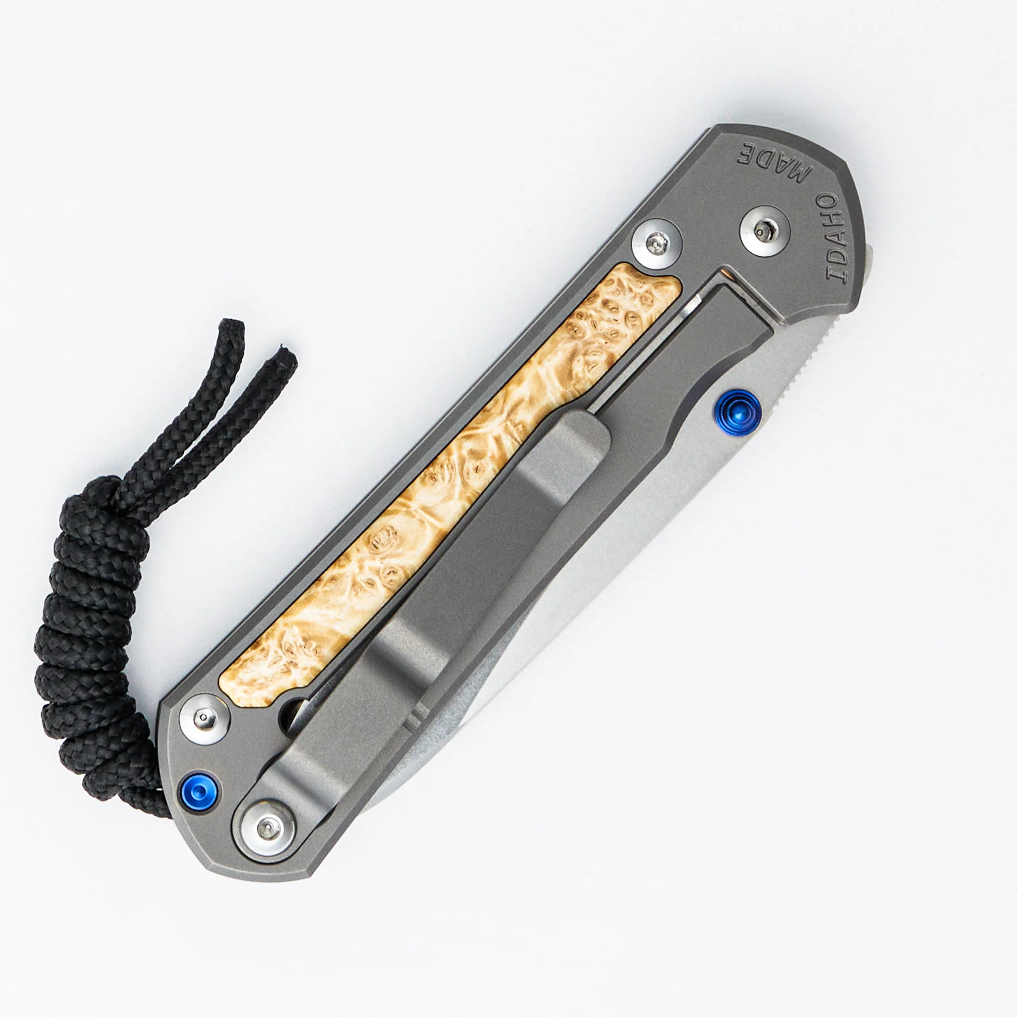 Small Sebenza 31 - Box Elder Inlay - Insingo CPM MagnaCut Blade - Blue Double Thumb Lugs - Image 4
