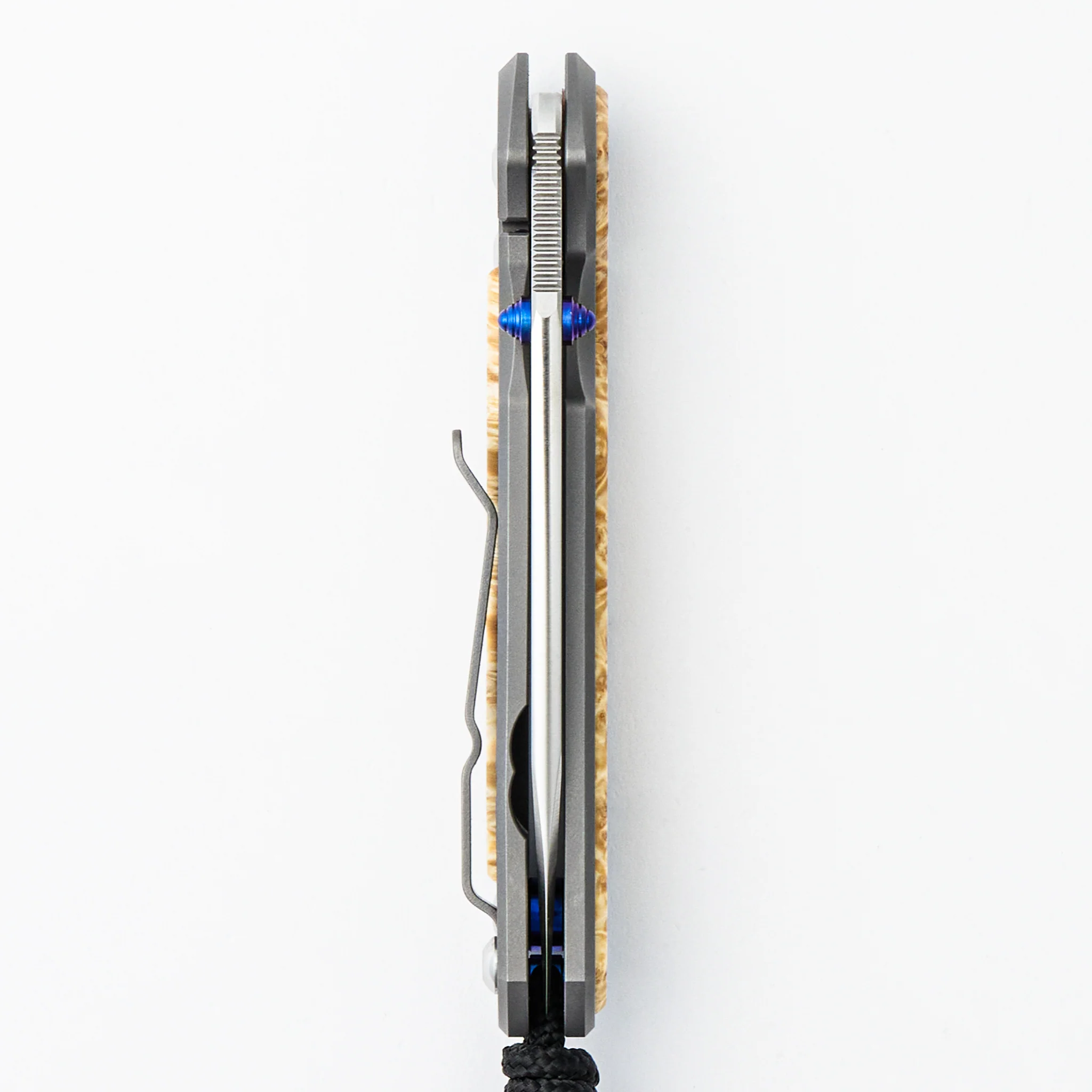 Small Sebenza 31 - Box Elder Inlay - Insingo CPM MagnaCut Blade - Blue Double Thumb Lugs - Image 5