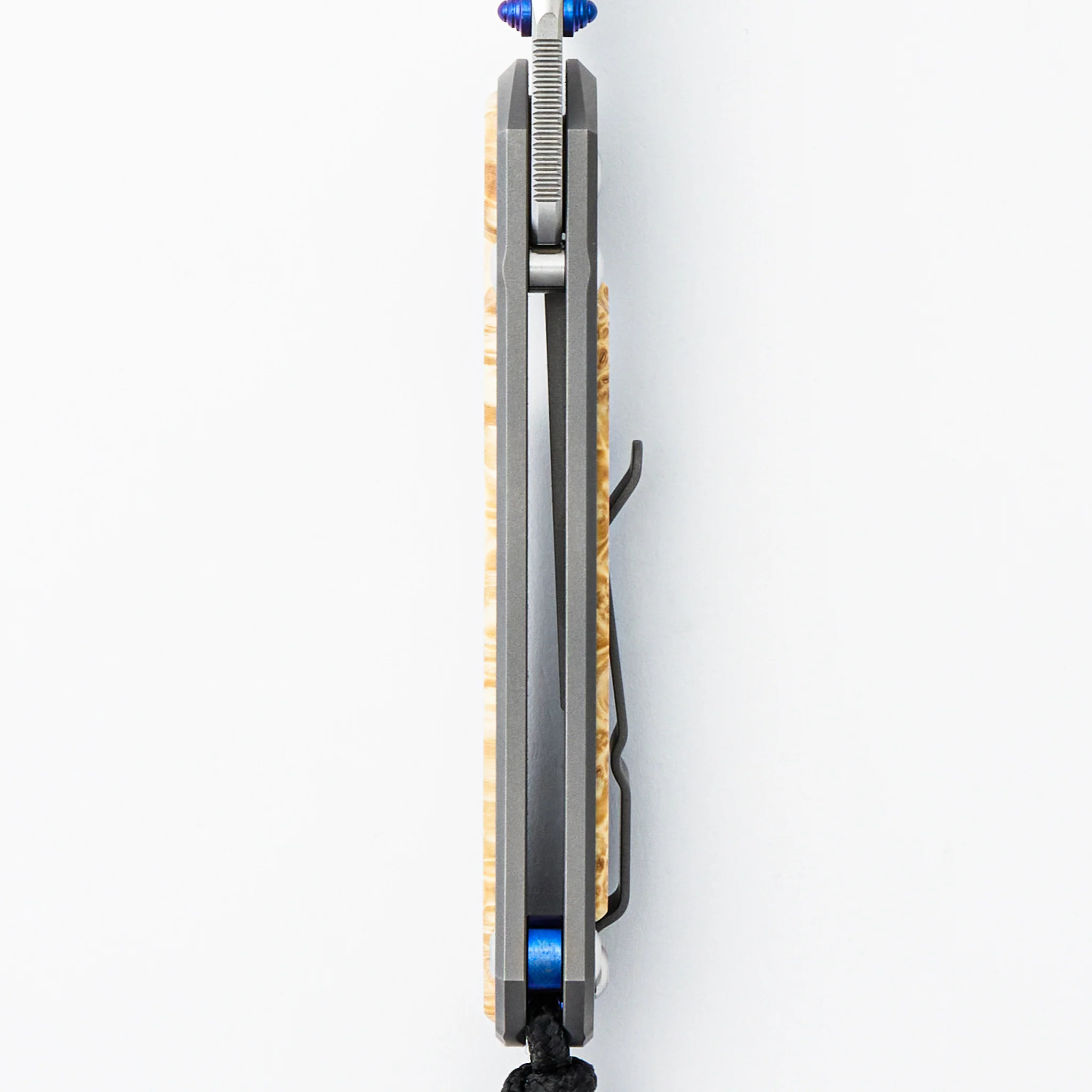 Small Sebenza 31 - Box Elder Inlay - Insingo CPM MagnaCut Blade - Blue Double Thumb Lugs - Image 7