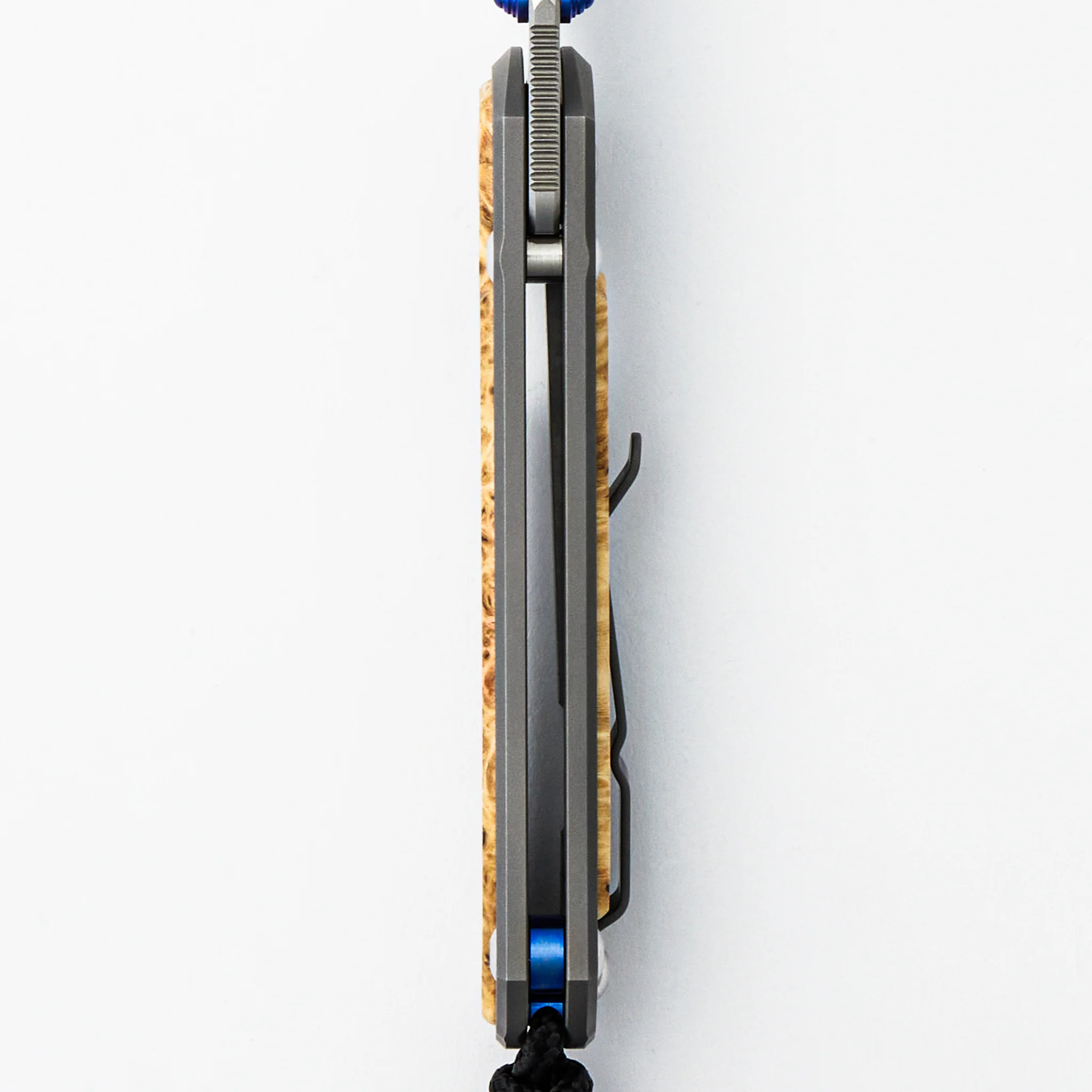 Small Sebenza 31 - Box Elder Inlay - Tanto CPM MagnaCut Blade - Blue Double Thumb Lugs - Image 7