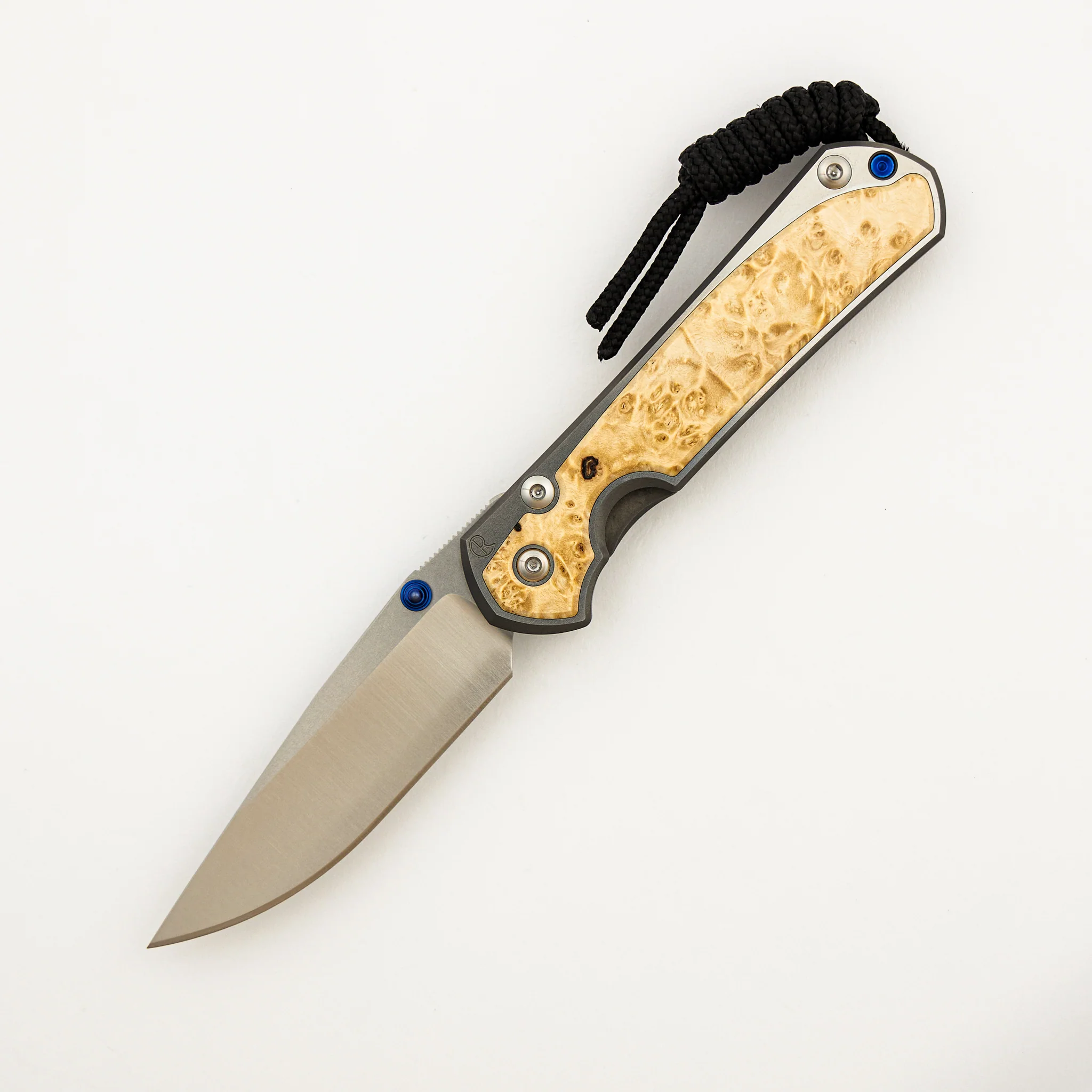 Small Sebenza 31 - Box Elder Inlay W/ Polished Handle - Drop Point Polished CPM MagnaCut Blade - Blue Double Thumb Lugs - Image 8