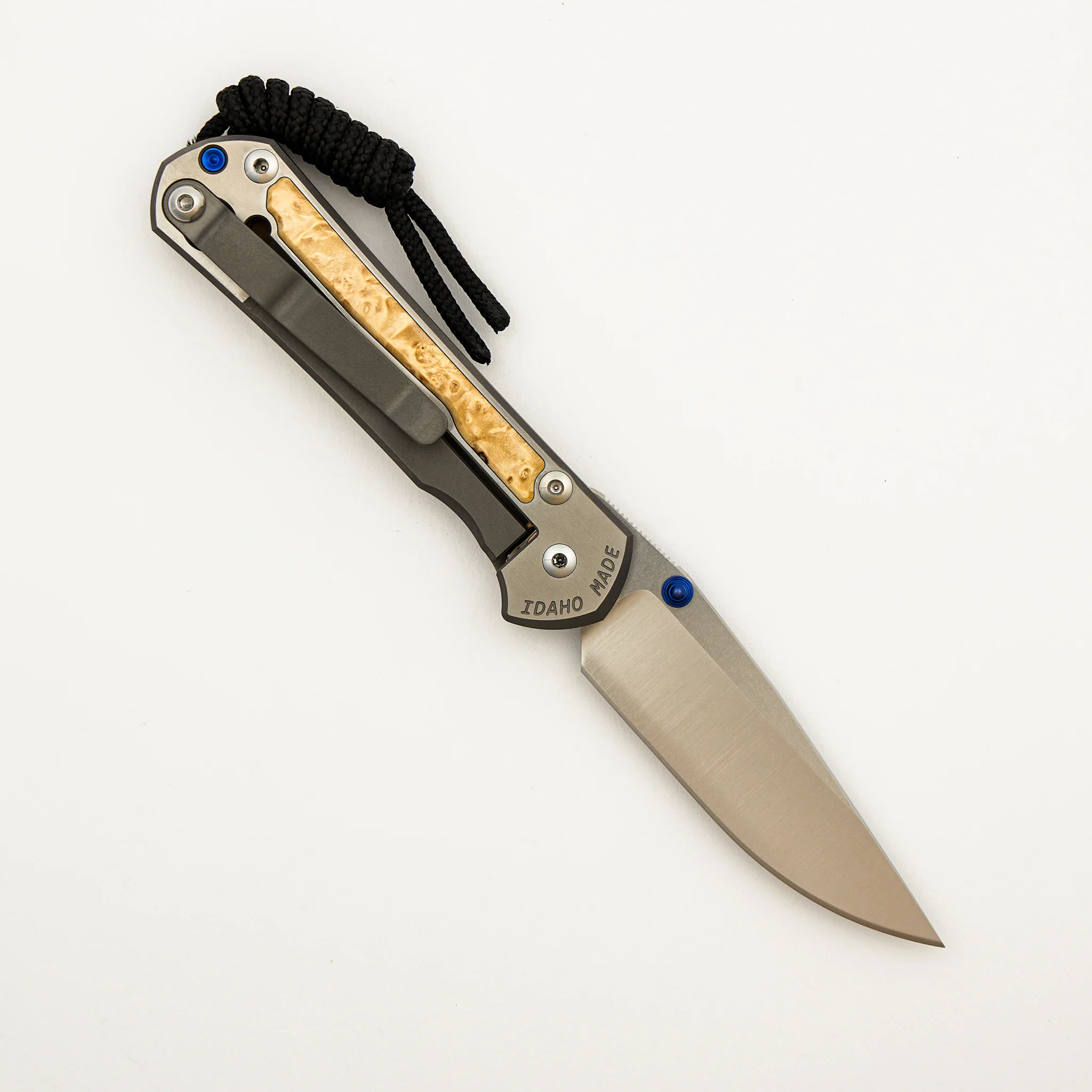 Small Sebenza 31 - Box Elder Inlay W/ Polished Handle - Drop Point Polished CPM MagnaCut Blade - Blue Double Thumb Lugs - Image 9