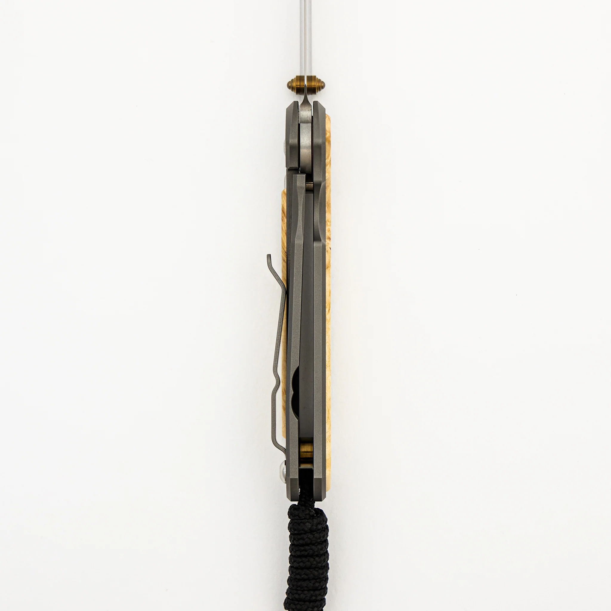 Small Sebenza 31 - Box Elder Inlay W/ Polished Handle - Drop Point Polished CPM MagnaCut Blade - Gold Double Thumb Lugs - Image 6