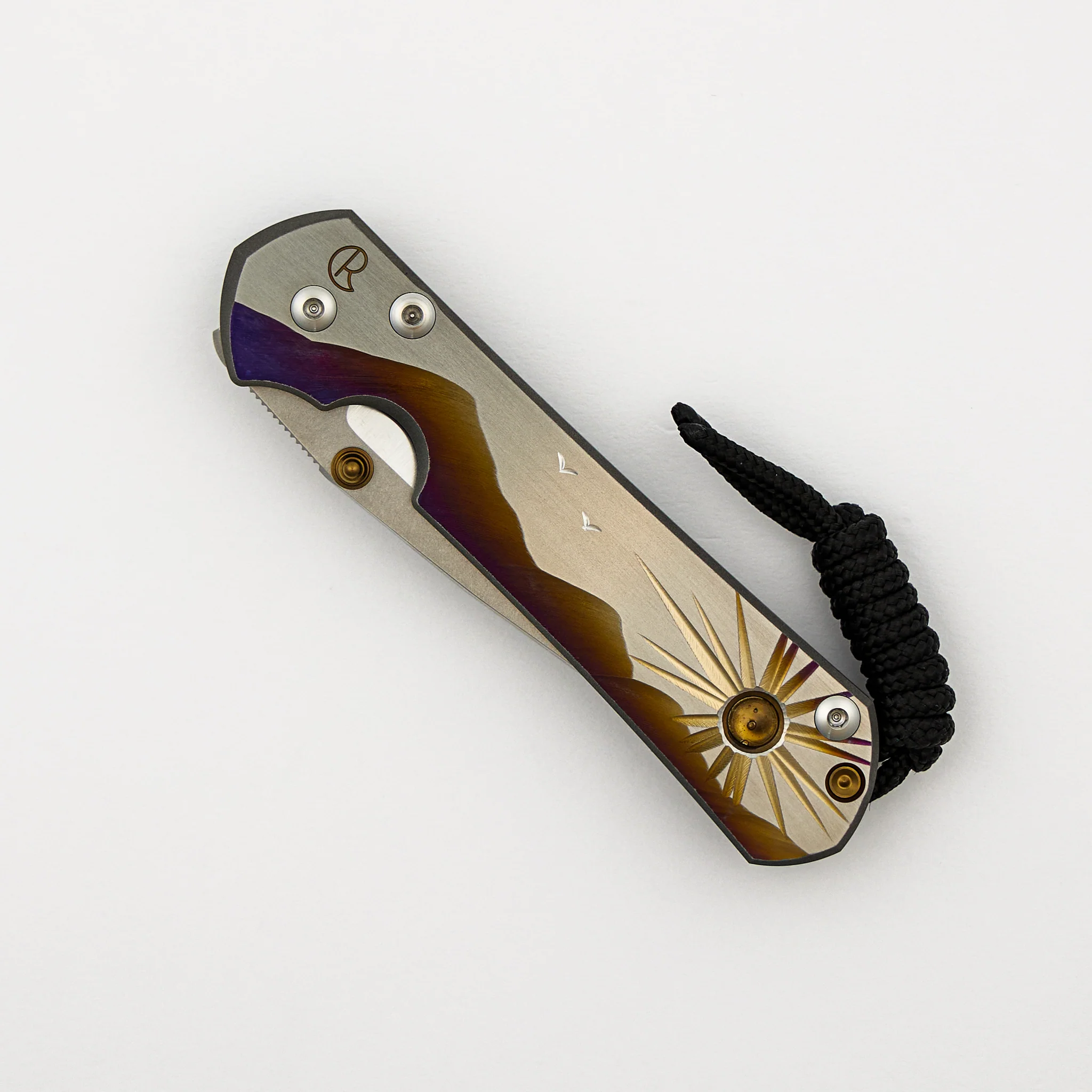 Small Sebenza 31 - "Morning Sun" Unique Graphic - Citrine - Drop Point CPM MagnaCut Blade - Citrine - Gold Single Thumb Lug - Image 3