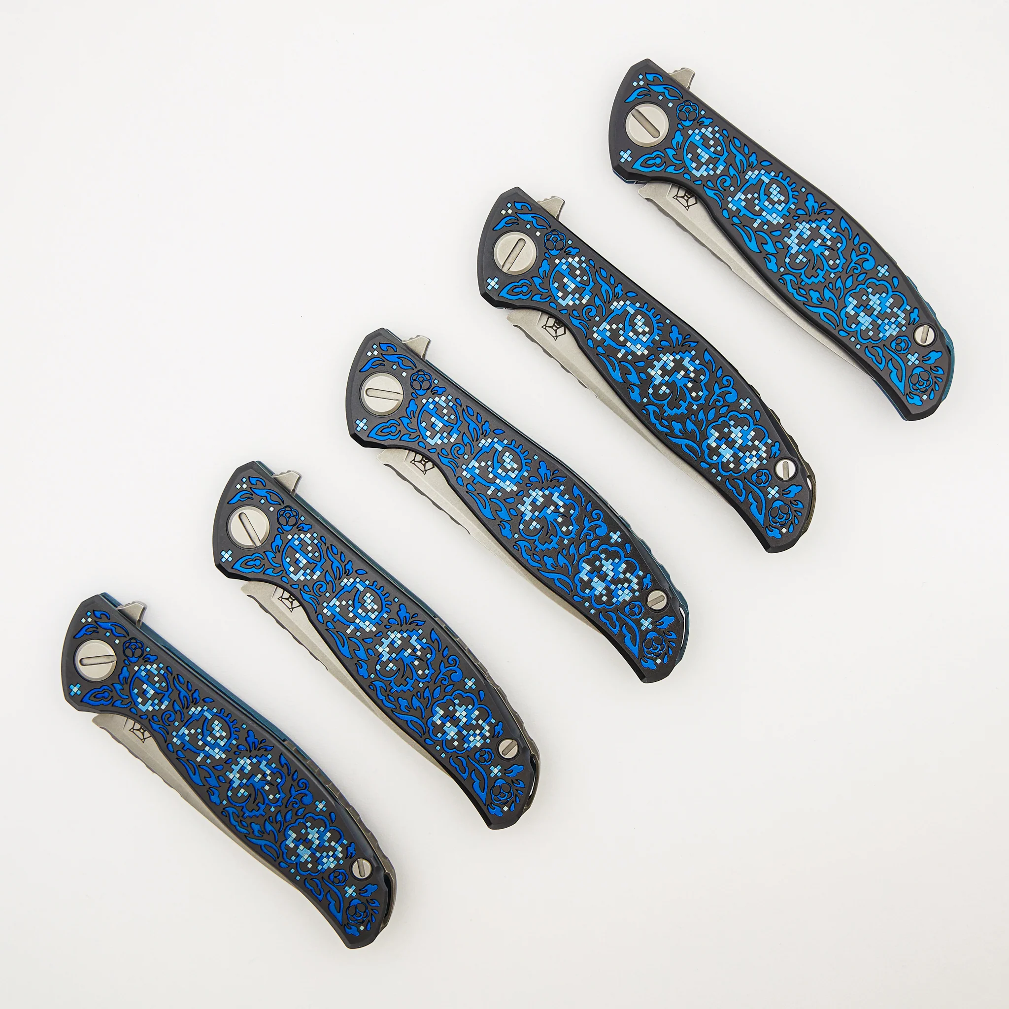 Shirogorov Knives / Ti2 Design F95 Black Hula "Blue Pixelated Flower" - M390 Blade - MRBS - Completed - Image 9