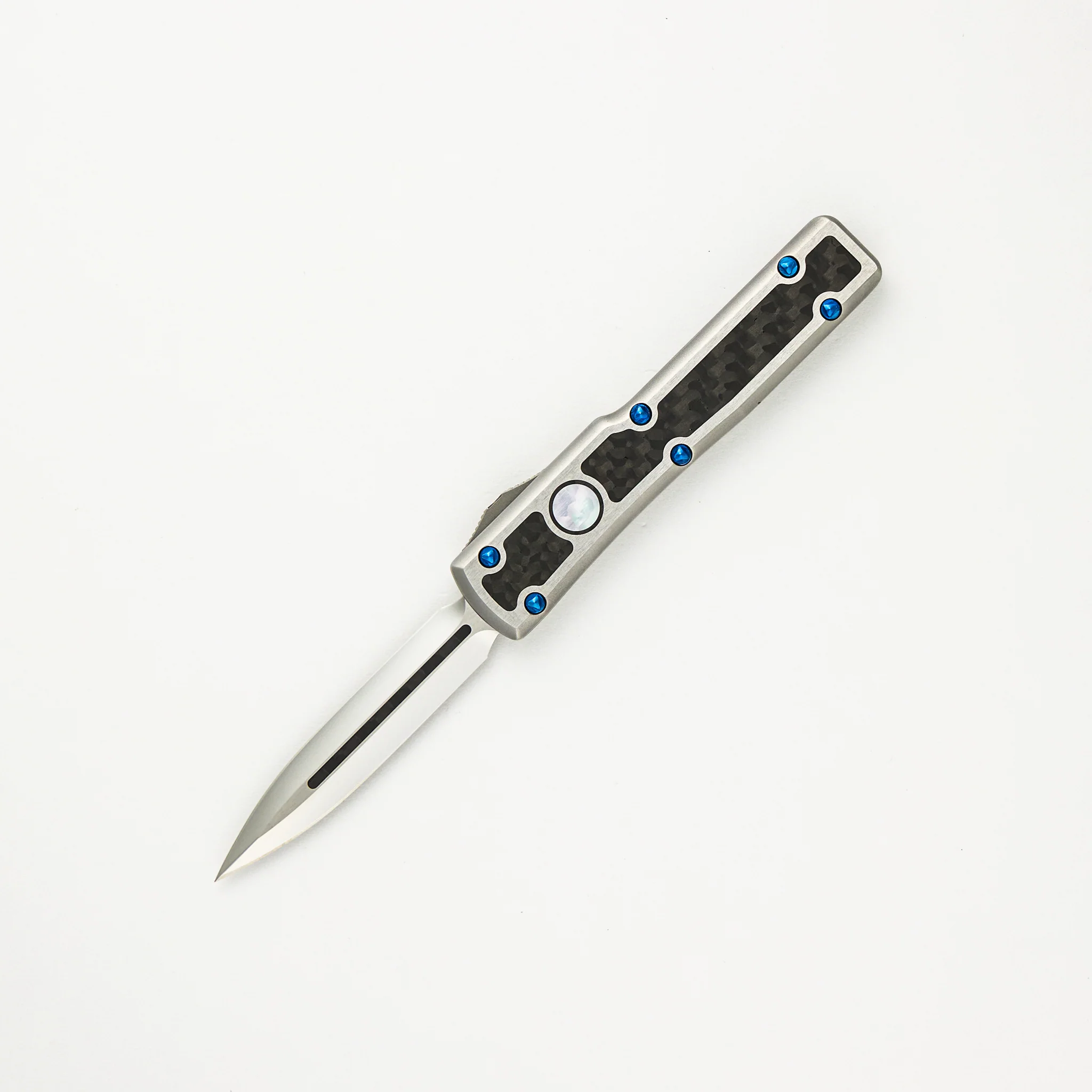 Marfione Custom Knives UTX-70 - D/E Mirror Polish Blade W/ Carbon Fiber Inlay - Stainless Steel Handle W/ Carbon Fiber and Pearl Inlays