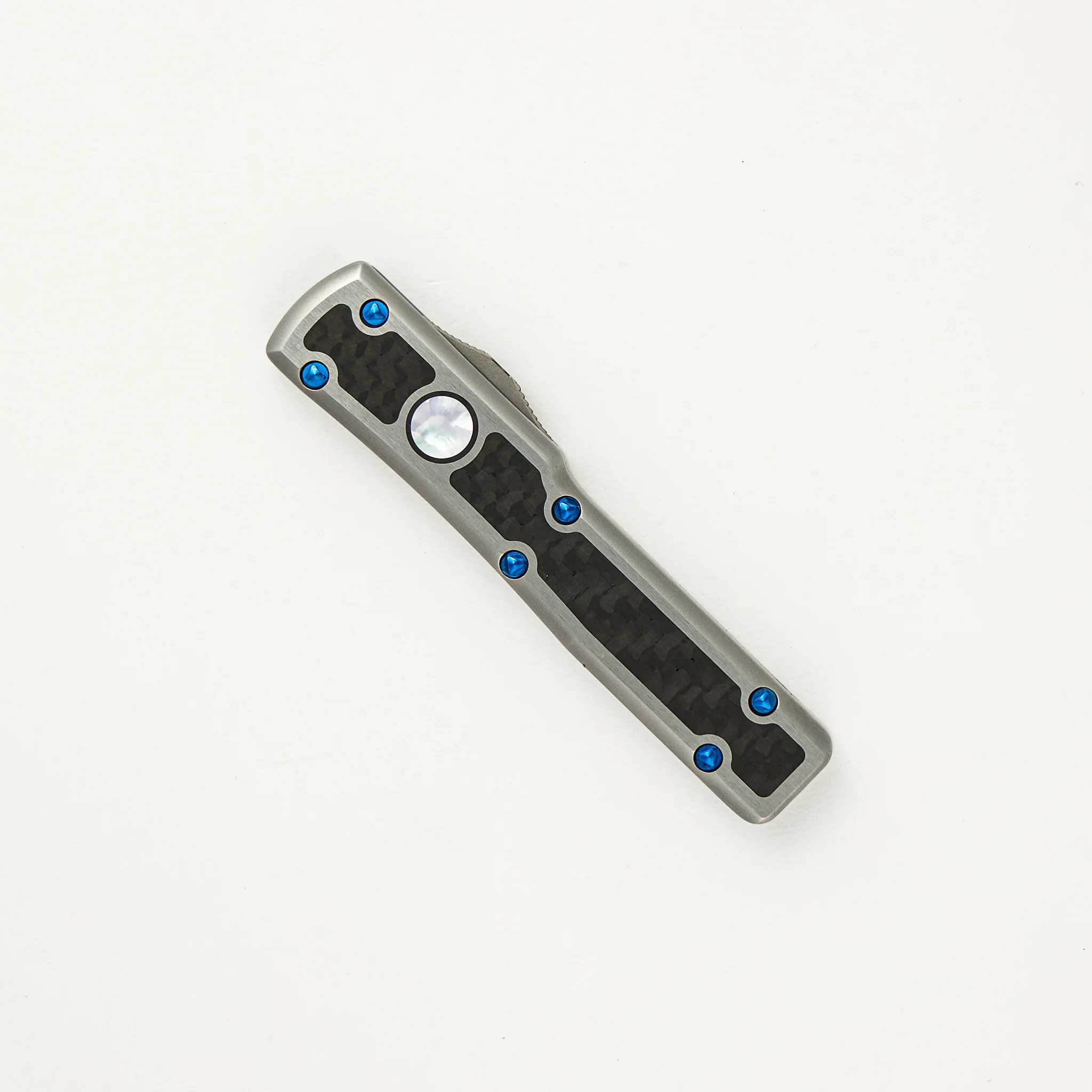 Marfione Custom Knives UTX-70 - D/E Mirror Polish Blade W/ Carbon Fiber Inlay - Stainless Steel Handle W/ Carbon Fiber and Pearl Inlays - Image 3